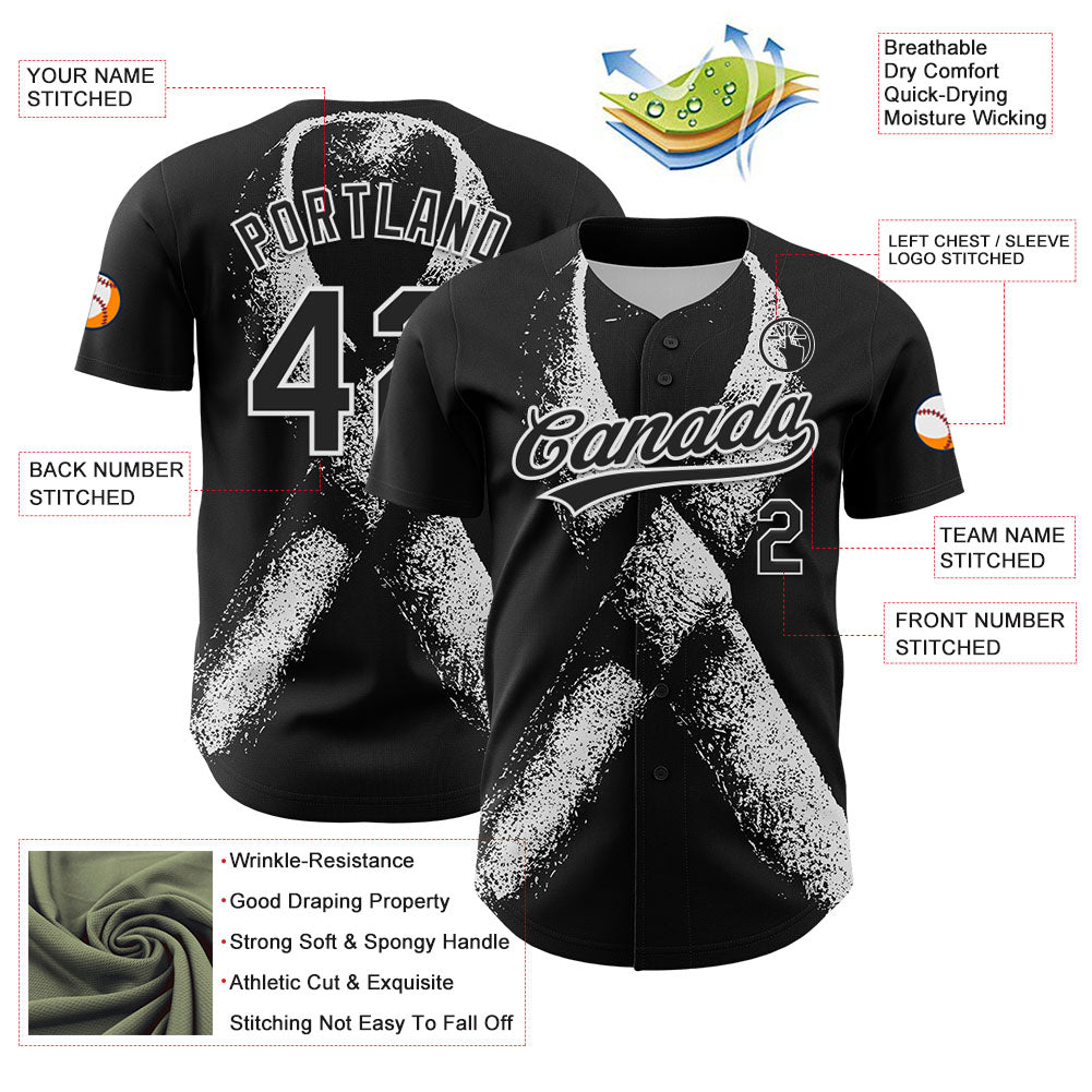 Custom Black White 3D Skin Cancer Ribbon Authentic Baseball Jersey baseball jersey product view 3