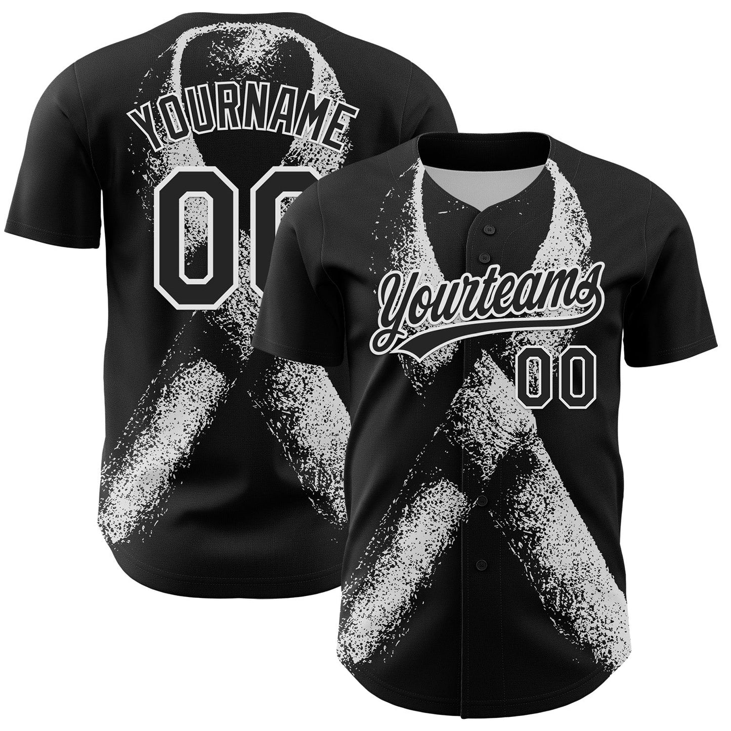 Custom Black White 3D Skin Cancer Ribbon Authentic Baseball Jersey baseball jersey product view 1