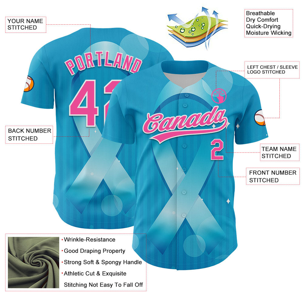 Custom Sky Blue Pink-White 3D Prostate Cancer Ribbon Authentic Baseball Jersey baseball jersey product view 3
