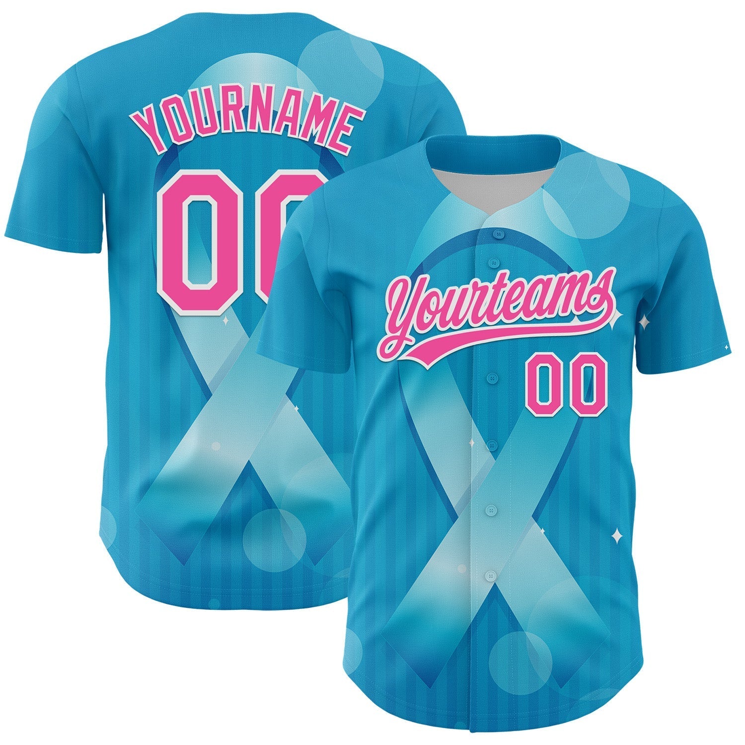 Custom Sky Blue Pink-White 3D Prostate Cancer Ribbon Authentic Baseball Jersey baseball jersey product view 1