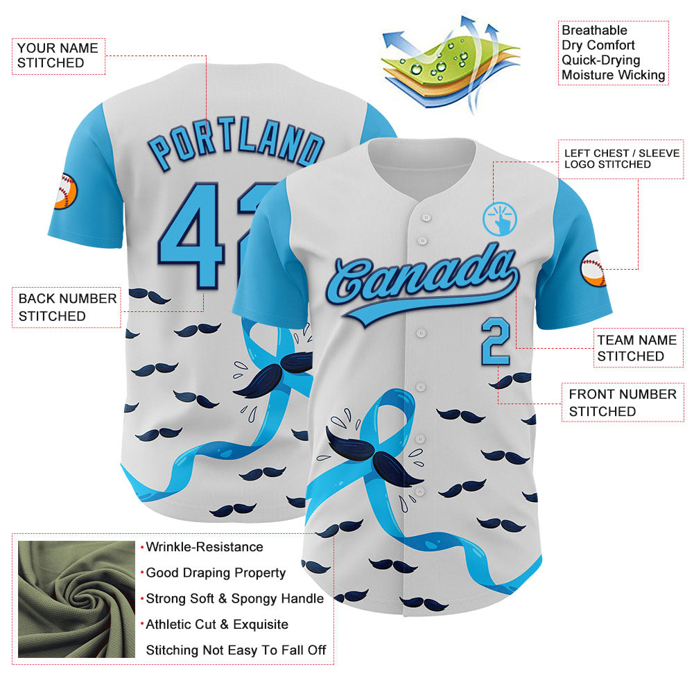 Custom White Sky Blue-Navy 3D Prostate Cancer Ribbon Authentic Baseball Jersey baseball jersey product view 3