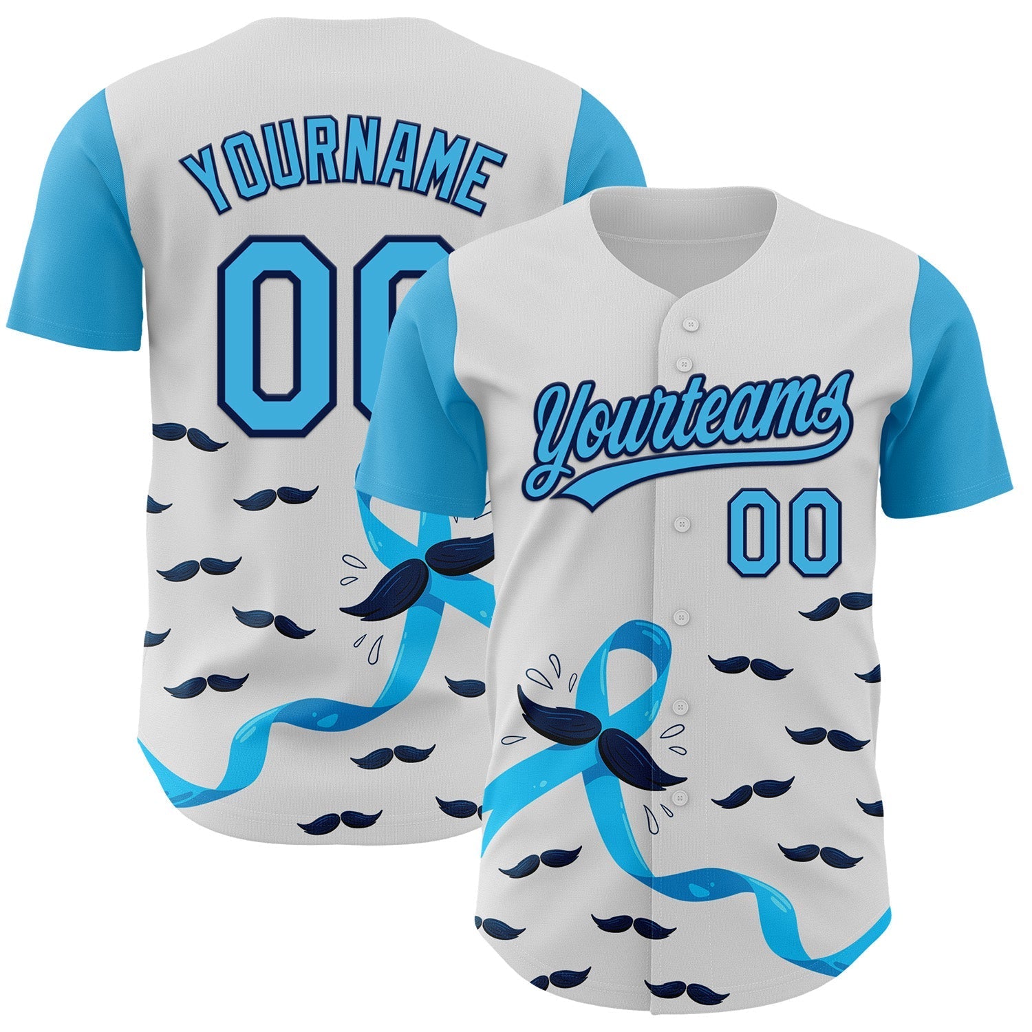 Custom White Sky Blue-Navy 3D Prostate Cancer Ribbon Authentic Baseball Jersey baseball jersey product view 1