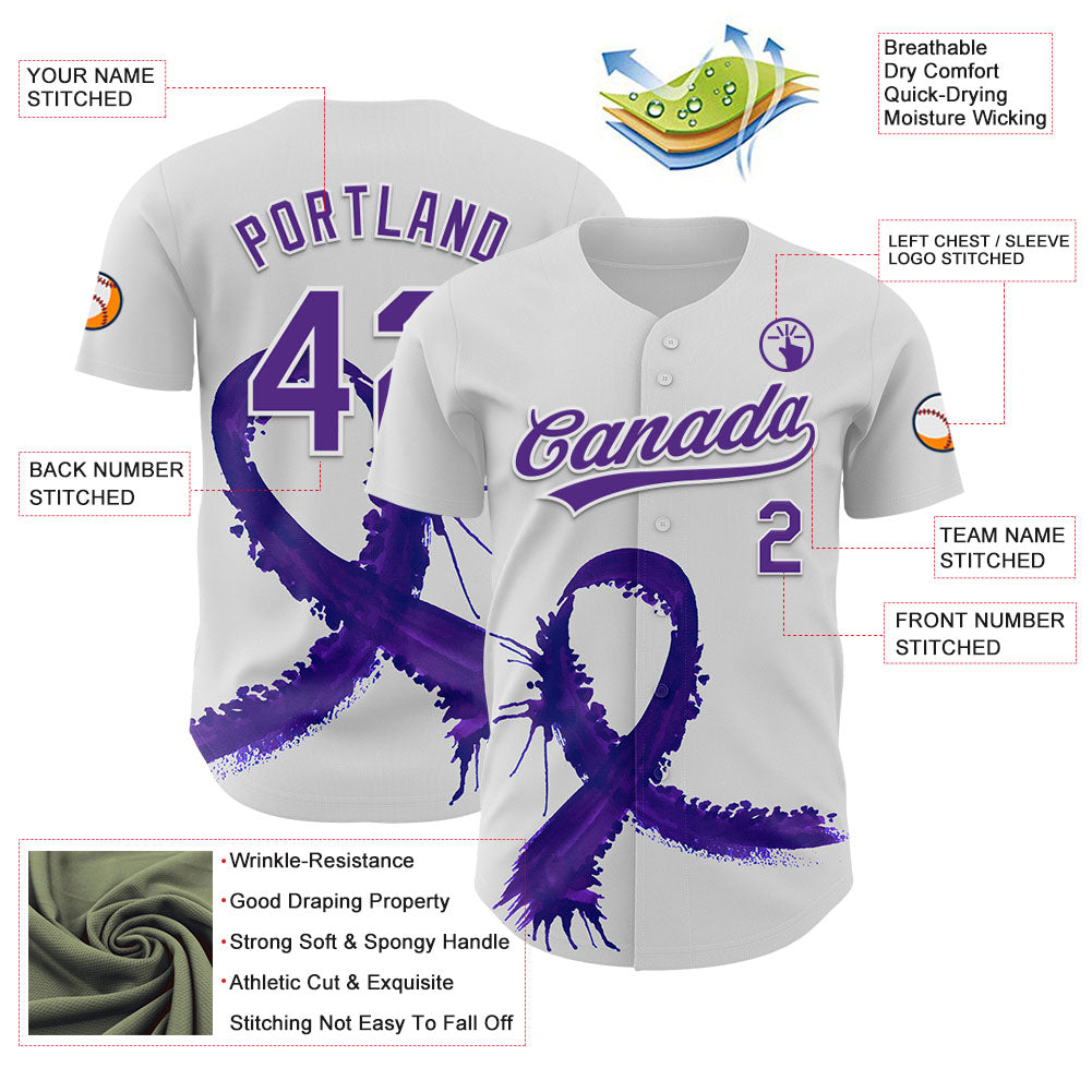 Custom White Purple 3D Testicular Cancer Ribbon Authentic Baseball Jersey baseball jersey product view 3