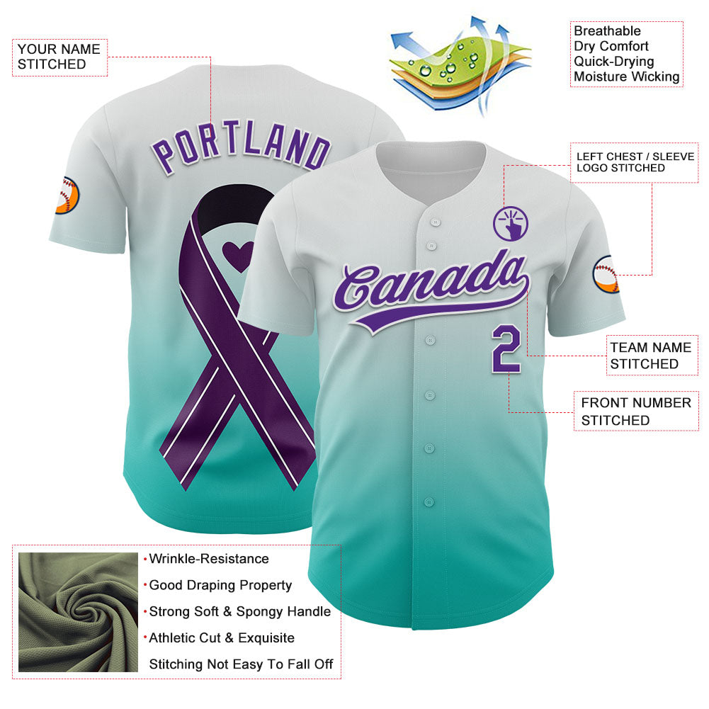 Custom White Purple-Aqua 3D Testicular Cancer Ribbon Authentic Baseball Jersey baseball jersey product view 3