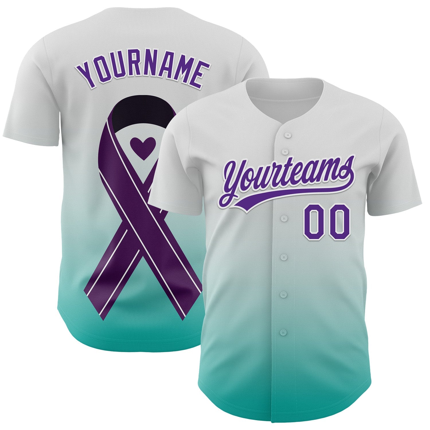 Custom White Purple-Aqua 3D Testicular Cancer Ribbon Authentic Baseball Jersey baseball jersey product view 1