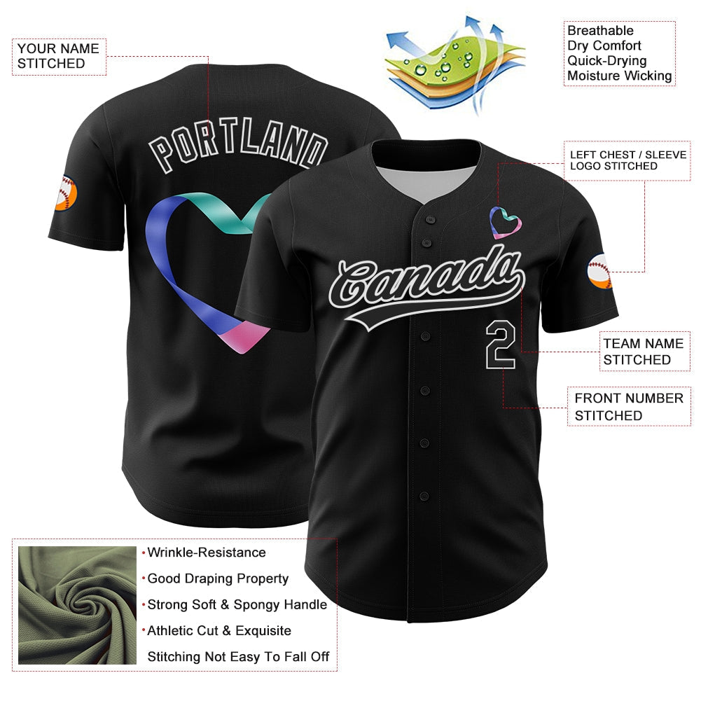 Custom Black White 3D Thyroid Cancer Ribbon Authentic Baseball Jersey baseball jersey product view 3