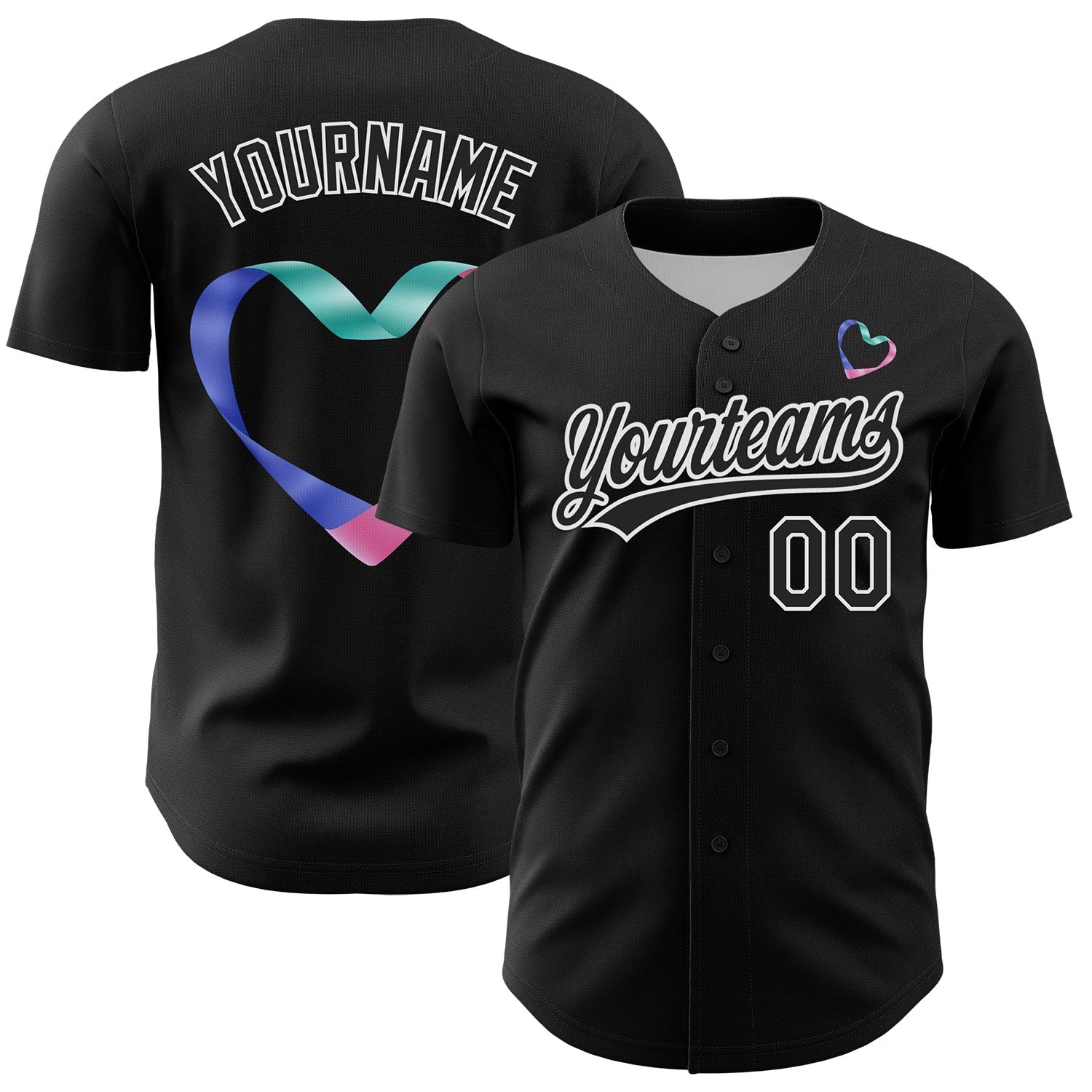 Custom Black White 3D Thyroid Cancer Ribbon Authentic Baseball Jersey baseball jersey product view 1
