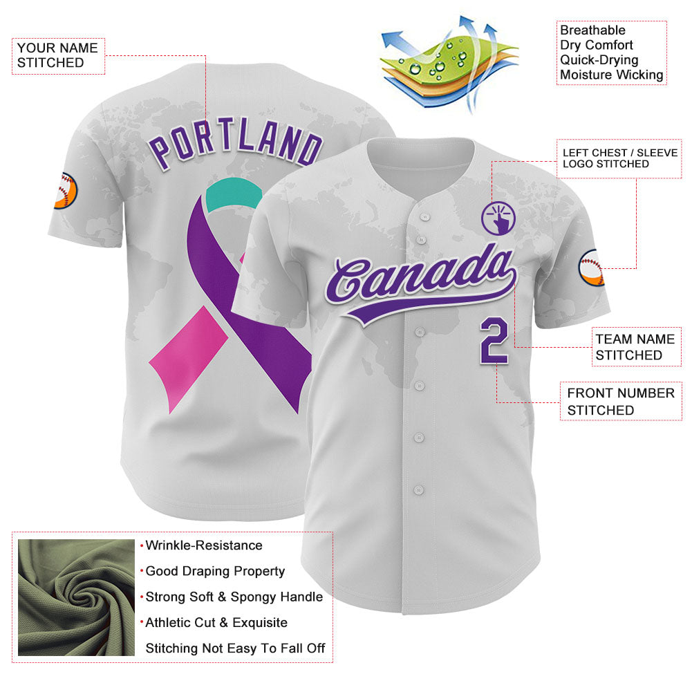 Custom White Purple 3D Thyroid Cancer Ribbon Authentic Baseball Jersey baseball jersey product view 3