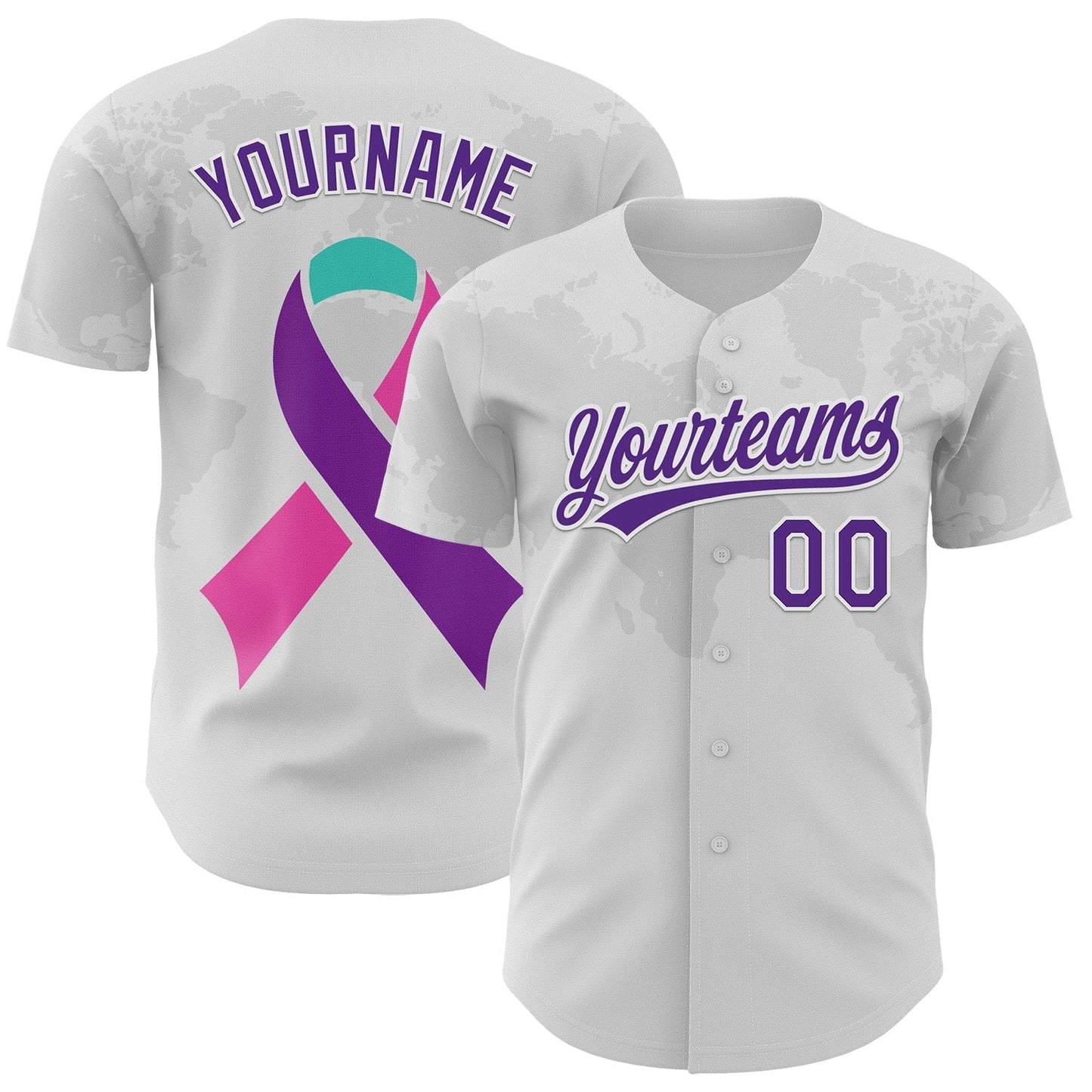 Custom White Purple 3D Thyroid Cancer Ribbon Authentic Baseball Jersey baseball jersey product view 1