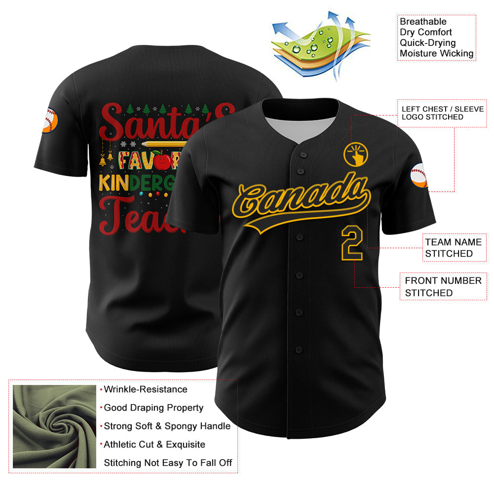 Custom Black Gold Kelly Green-Red 3D Funny Christmas Authentic Baseball Jersey baseball jersey product view 3