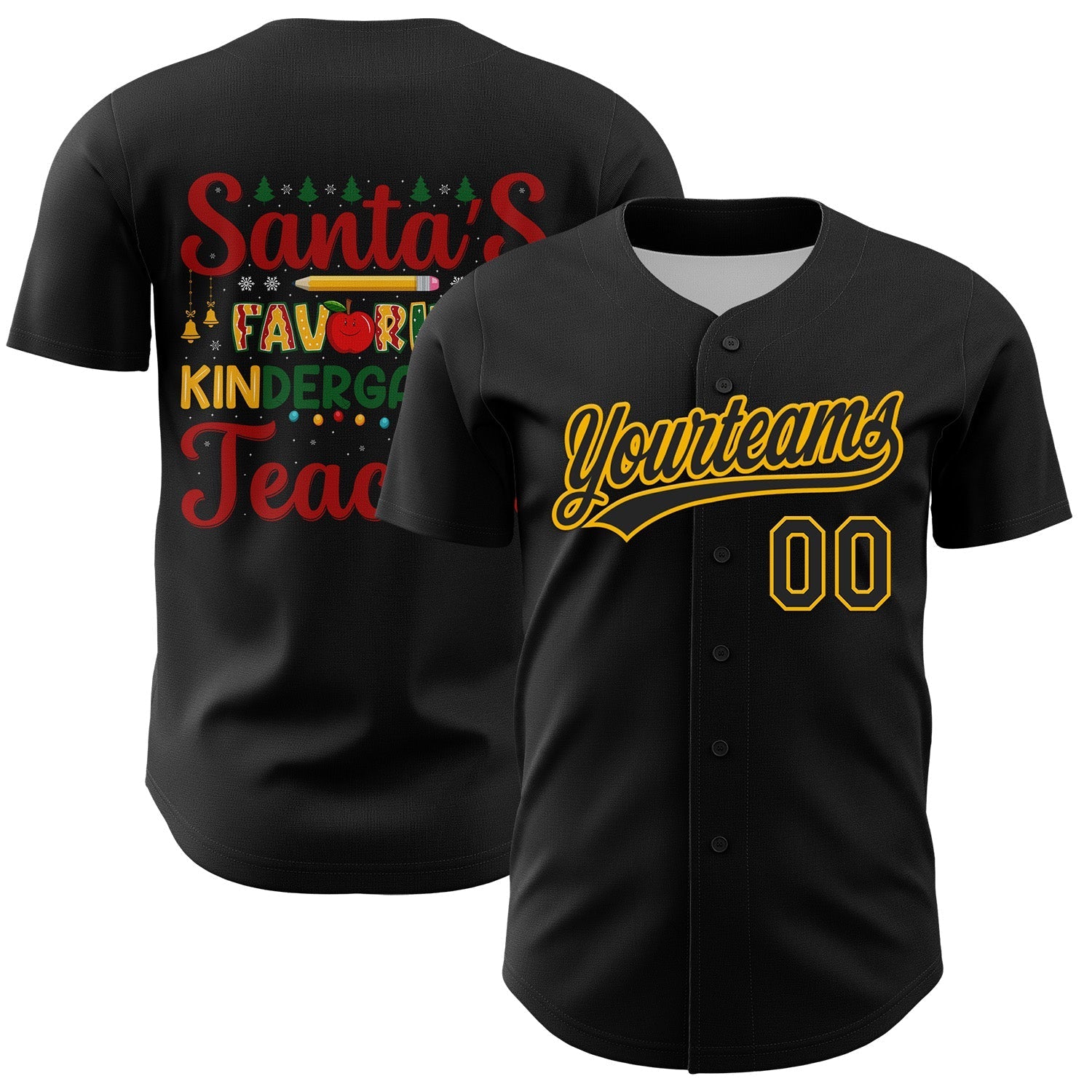 Custom Black Gold Kelly Green-Red 3D Funny Christmas Authentic Baseball Jersey baseball jersey product view 1