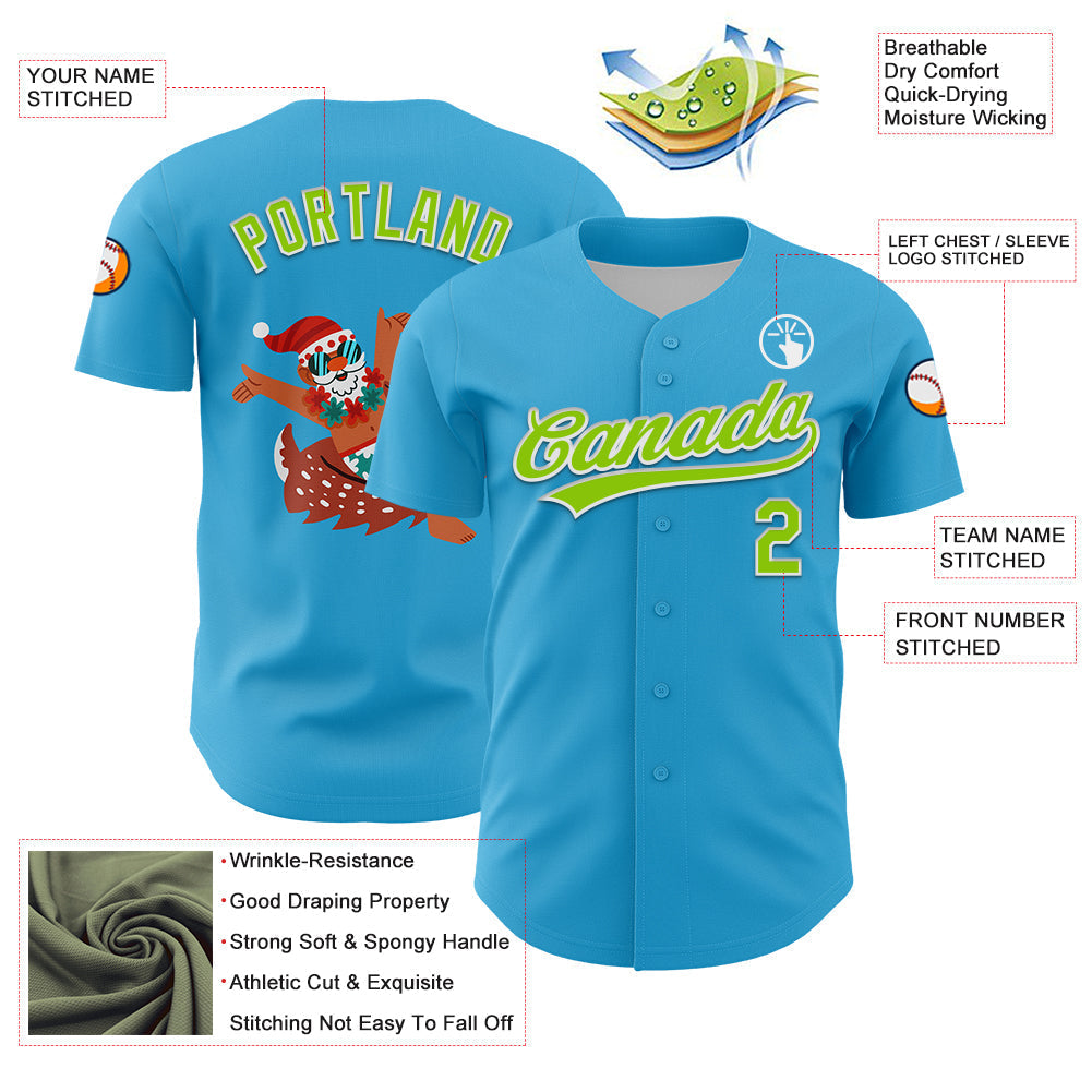 Custom Sky Blue Neon Green-White 3D Funny Christmas Authentic Baseball Jersey baseball jersey product view 3