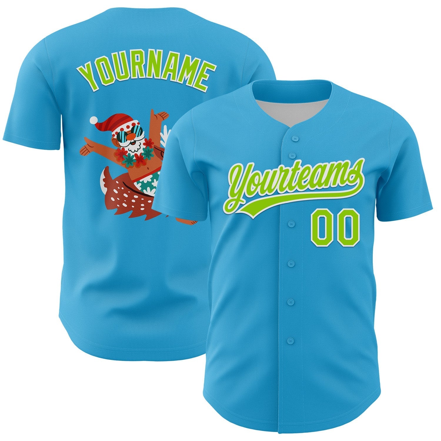 Custom Sky Blue Neon Green-White 3D Funny Christmas Authentic Baseball Jersey baseball jersey product view 1