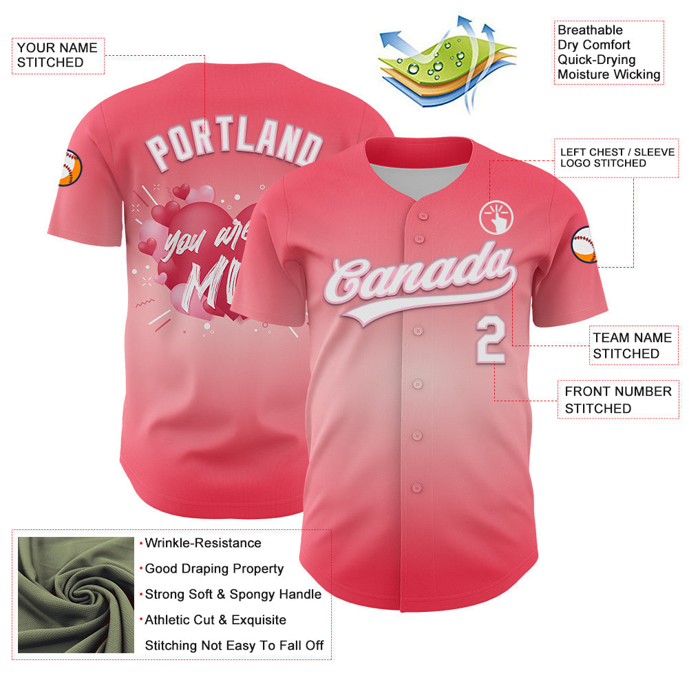 Custom Medium Pink White-Light Pink 3D Love Heart Valentine's Day Authentic Baseball Jersey baseball jersey product view 3