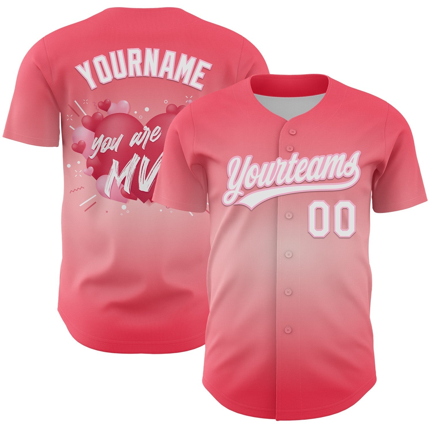 Custom Medium Pink White-Light Pink 3D Love Heart Valentine's Day Authentic Baseball Jersey baseball jersey product view 1