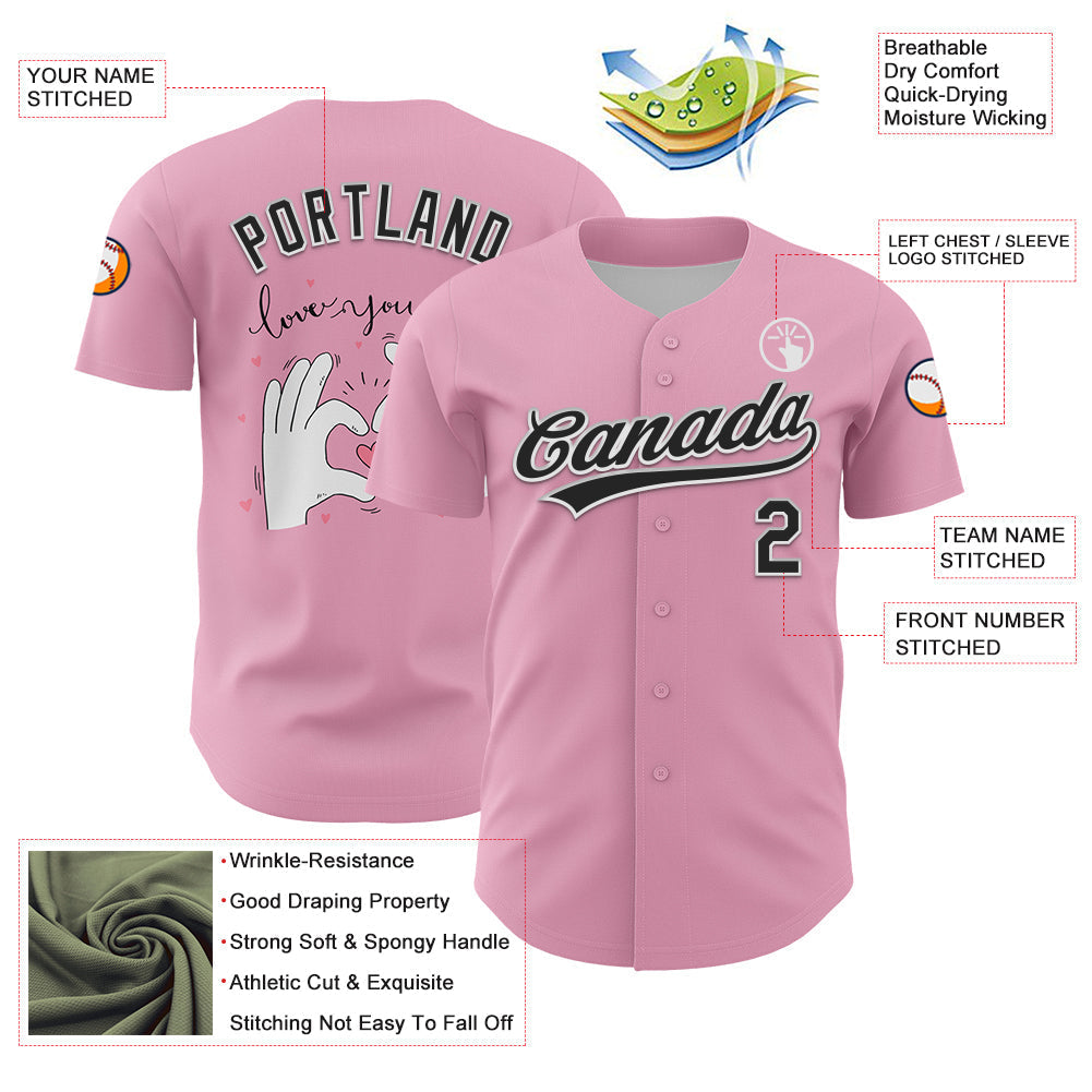 Custom Light Pink Black-White 3D Love Heart Valentine's Day Authentic Baseball Jersey baseball jersey product view 3