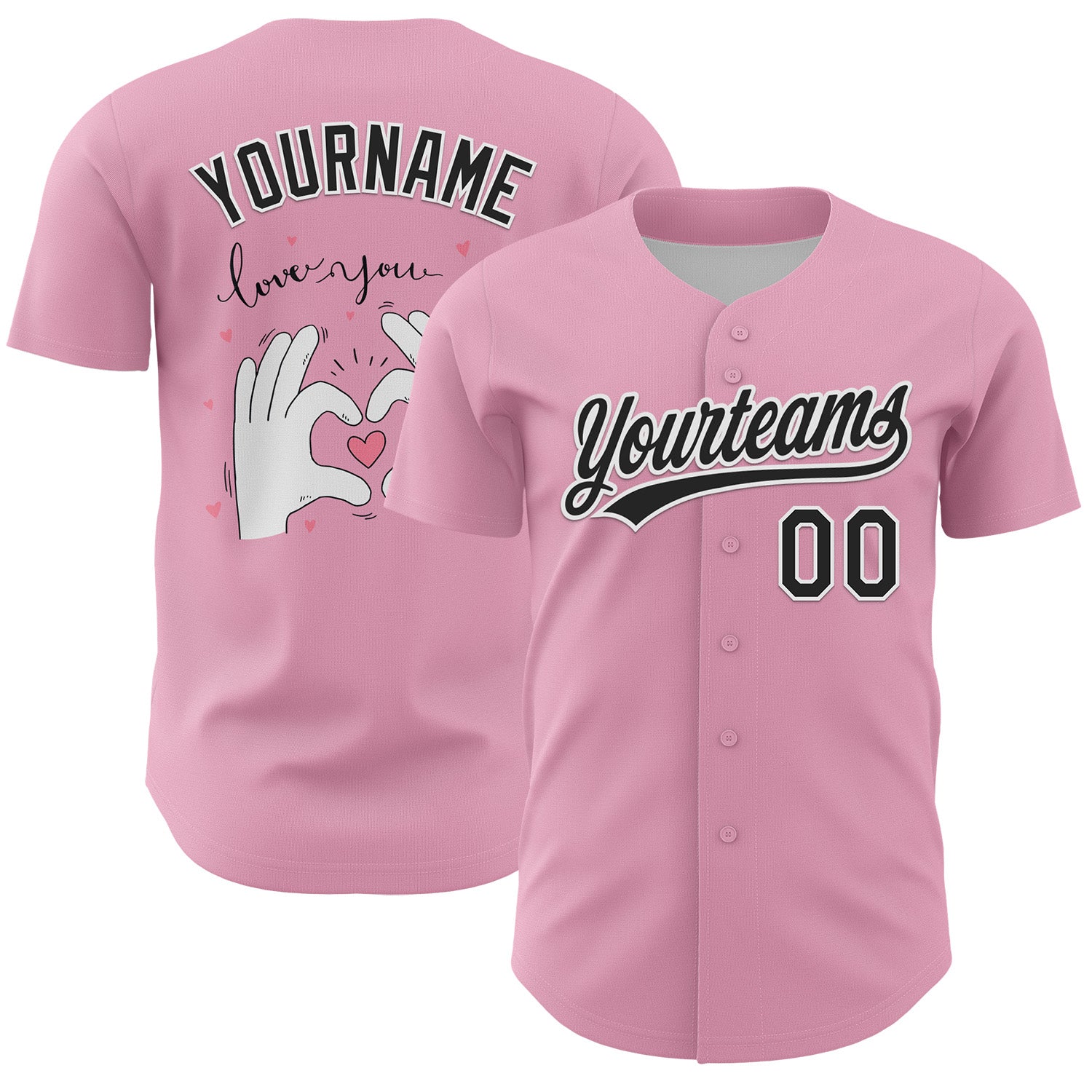 Custom Light Pink Black-White 3D Love Heart Valentine's Day Authentic Baseball Jersey baseball jersey product view 1