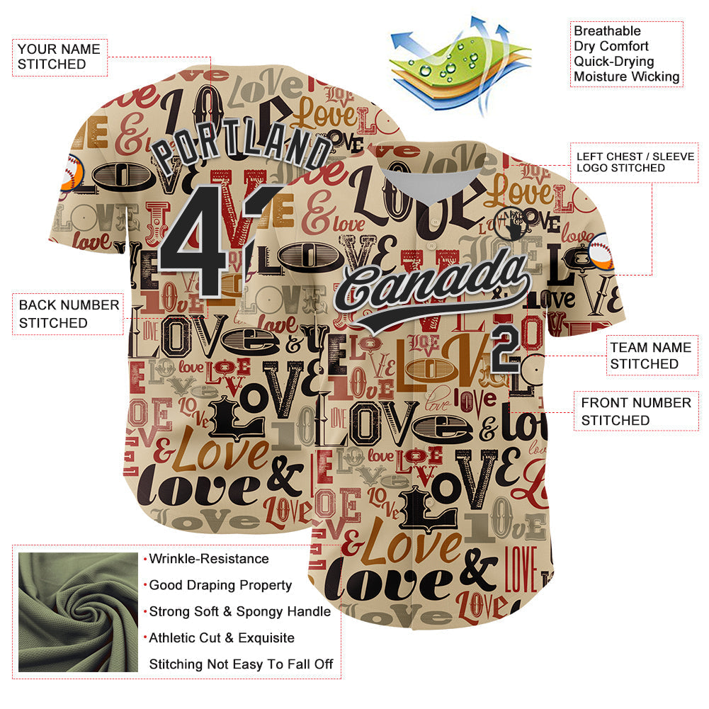 Custom City Cream Black-White 3D Love Valentine's Day Authentic Baseball Jersey baseball jersey product view 3