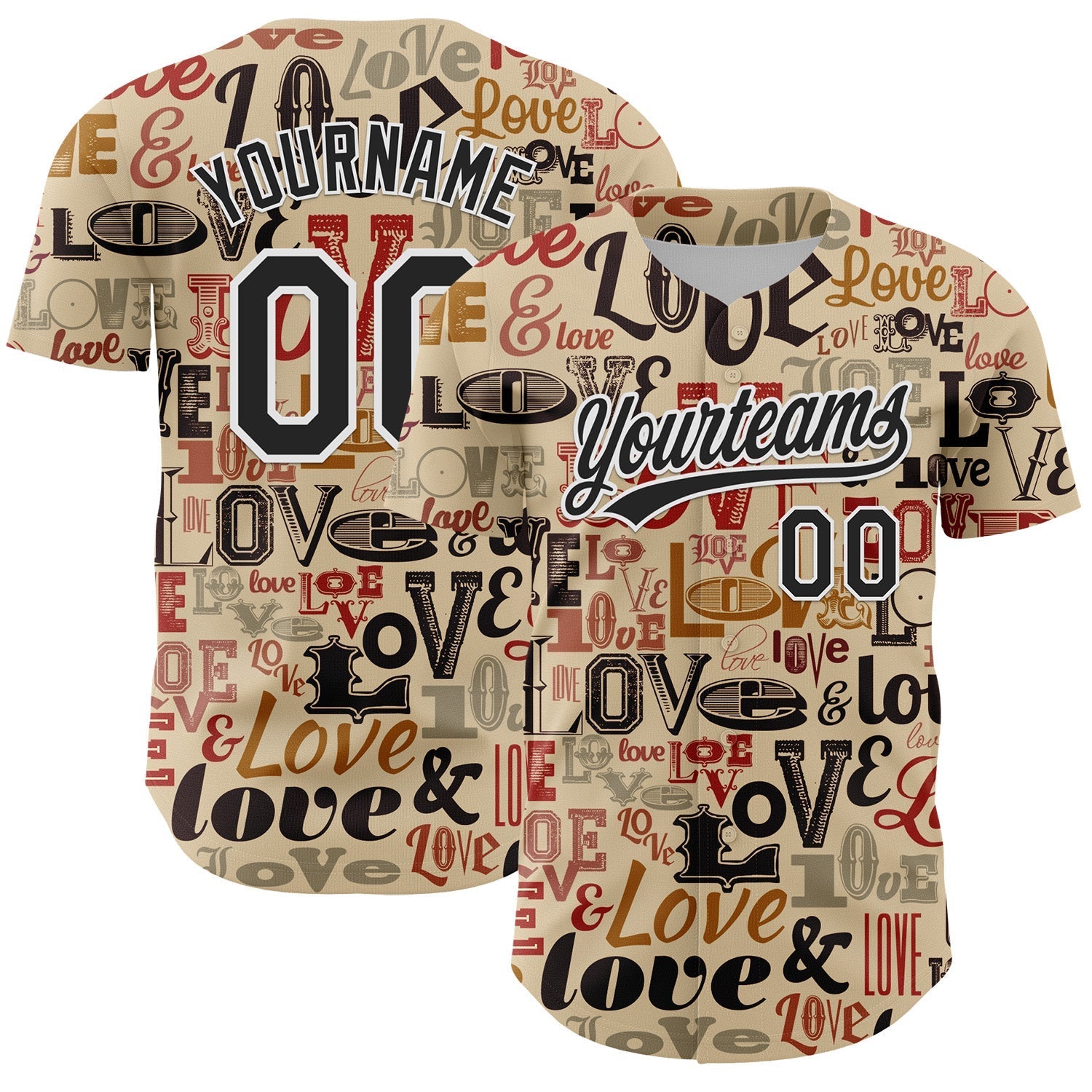 Custom City Cream Black-White 3D Love Valentine's Day Authentic Baseball Jersey baseball jersey product view 1