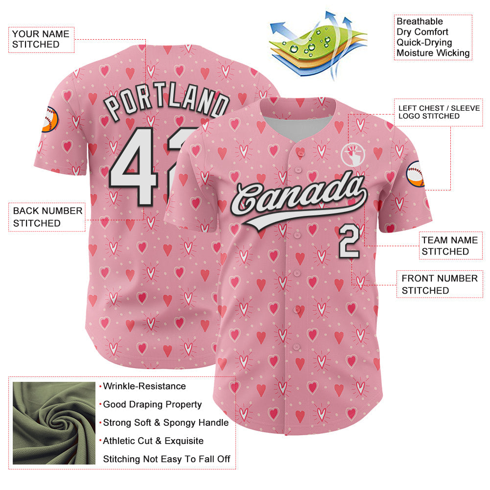 Custom Light Pink White-Black 3D Love Heart Valentine's Day Authentic Baseball Jersey baseball jersey product view 3