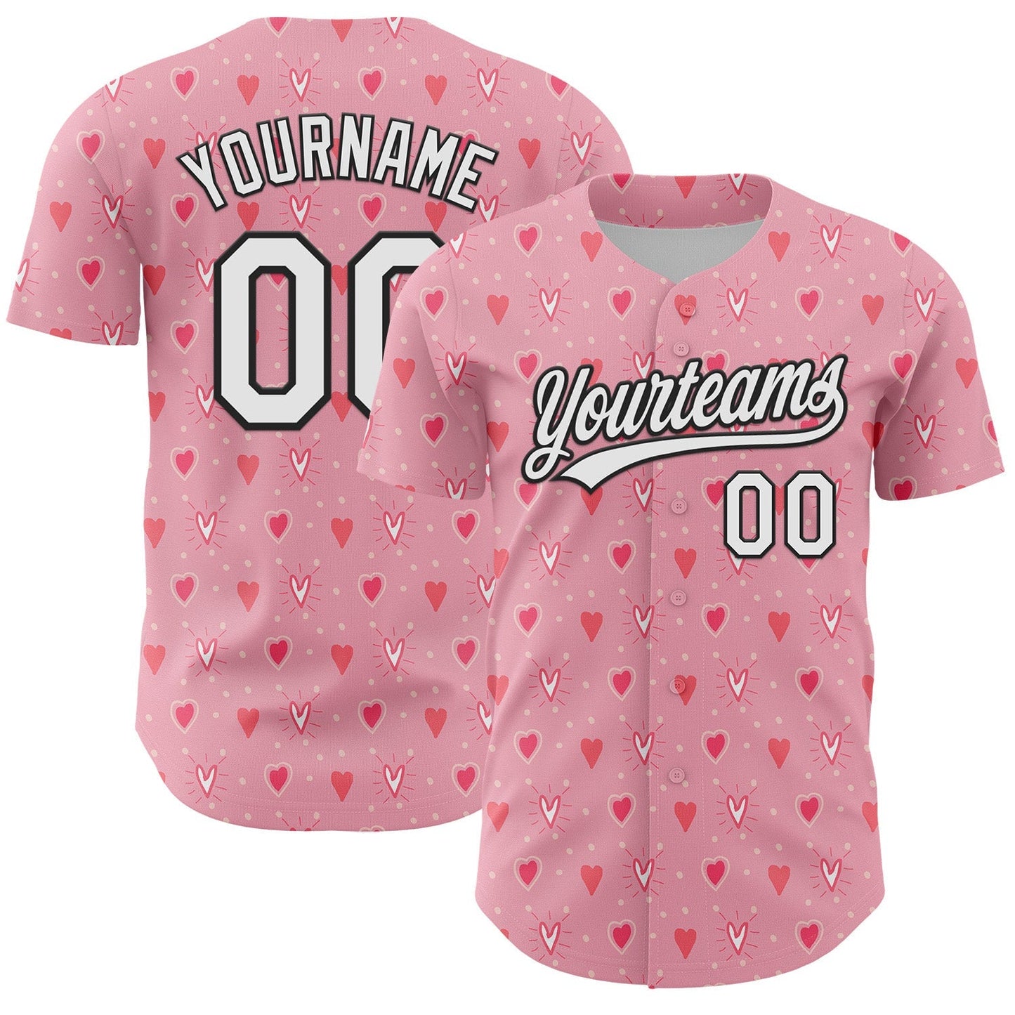 Custom Light Pink White-Black 3D Love Heart Valentine's Day Authentic Baseball Jersey baseball jersey product view 1
