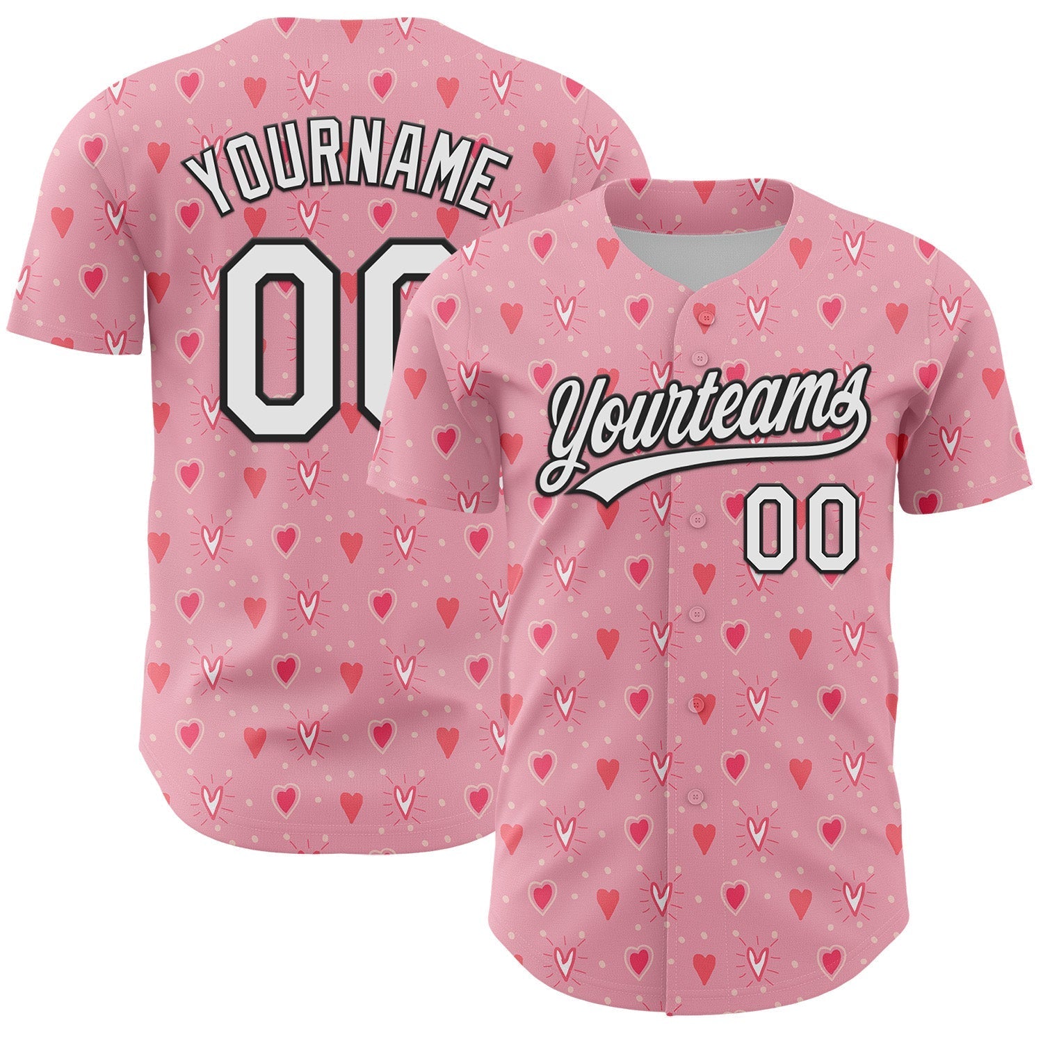 Custom Light Pink White-Black 3D Love Heart Valentine's Day Authentic Baseball Jersey baseball jersey product view 1