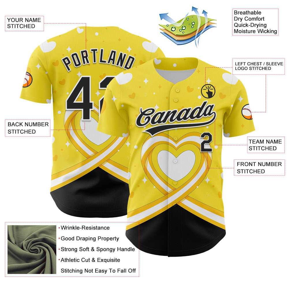 Custom Yellow Black-White 3D Bone Cancer Ribbon Authentic Baseball Jersey baseball jersey product view 3