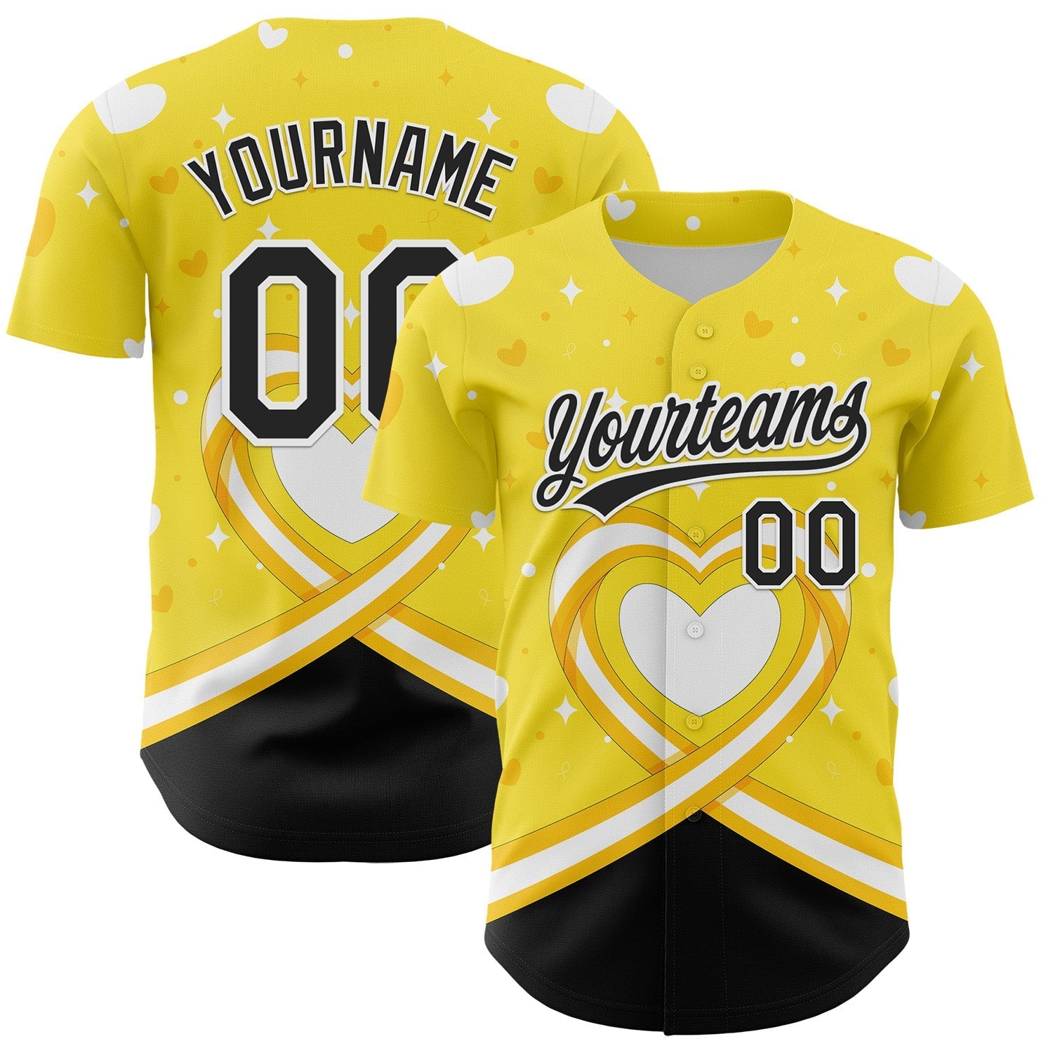 Custom Yellow Black-White 3D Bone Cancer Ribbon Authentic Baseball Jersey baseball jersey product view 1