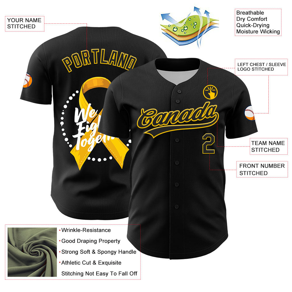 Custom Black Yellow-White 3D Bone Cancer Ribbon Authentic Baseball Jersey baseball jersey product view 3