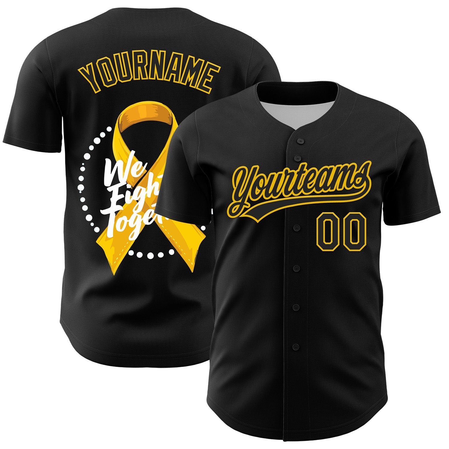 Custom Black Yellow-White 3D Bone Cancer Ribbon Authentic Baseball Jersey baseball jersey product view 1
