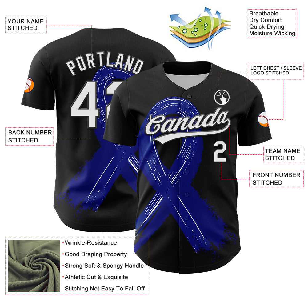 Custom Black White-Royal 3D Colorectal Cancer Ribbon Authentic Baseball Jersey baseball jersey product view 3