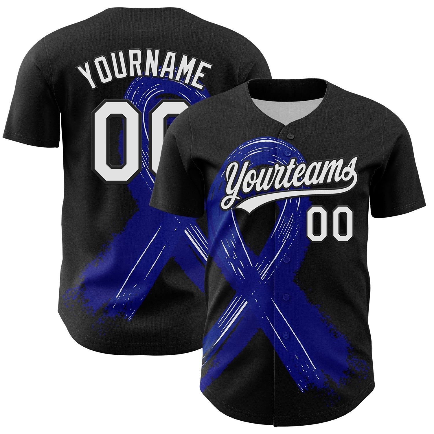 Custom Black White-Royal 3D Colorectal Cancer Ribbon Authentic Baseball Jersey baseball jersey product view 1