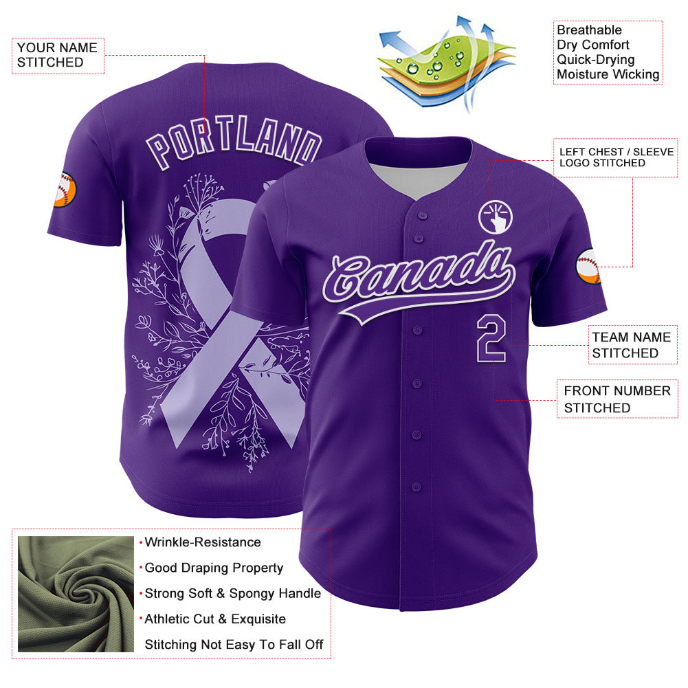Custom Purple White 3D Gastric Cancer Ribbon Authentic Baseball Jersey baseball jersey product view 3