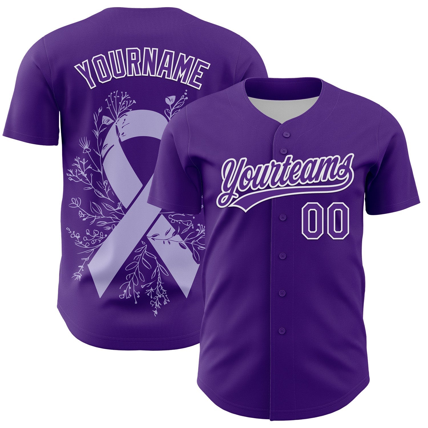 Custom Purple White 3D Gastric Cancer Ribbon Authentic Baseball Jersey baseball jersey product view 1