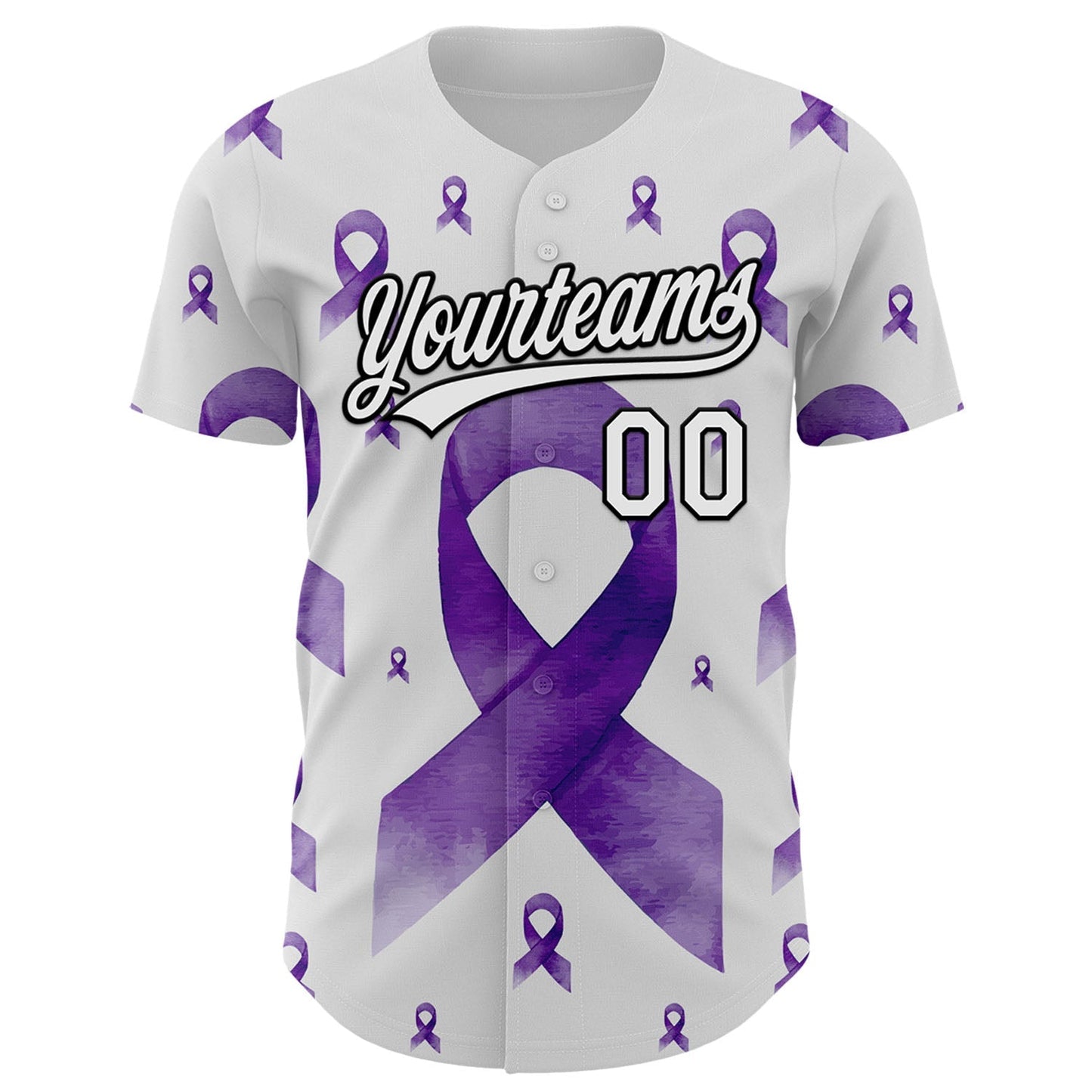 Custom White Purple-Black 3D Gynecological Cancer Ribbon Authentic Baseball Jersey baseball jersey product view 2