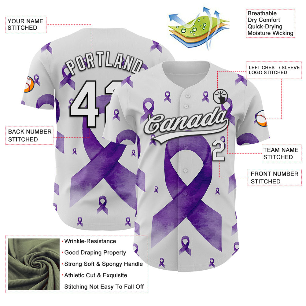 Custom White Purple-Black 3D Gynecological Cancer Ribbon Authentic Baseball Jersey baseball jersey product view 3