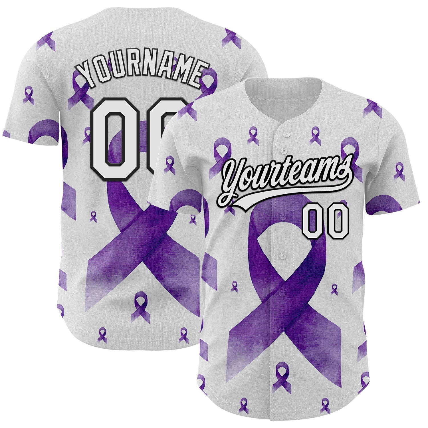 Custom White Purple-Black 3D Gynecological Cancer Ribbon Authentic Baseball Jersey baseball jersey product view 1