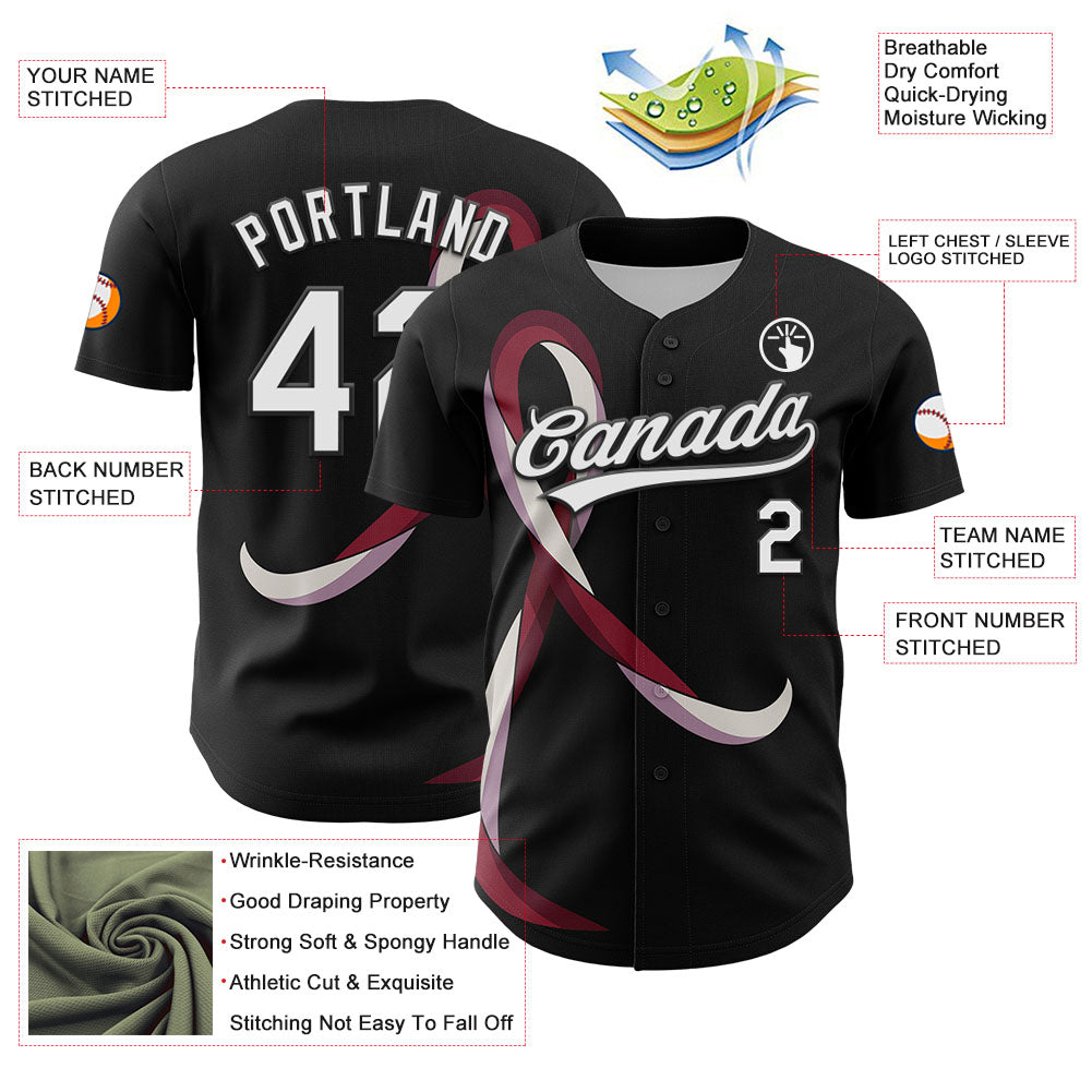 Custom Black White-Burgund 3D Head And Neck Cancer Ribbon Authentic Baseball Jersey baseball jersey product view 3
