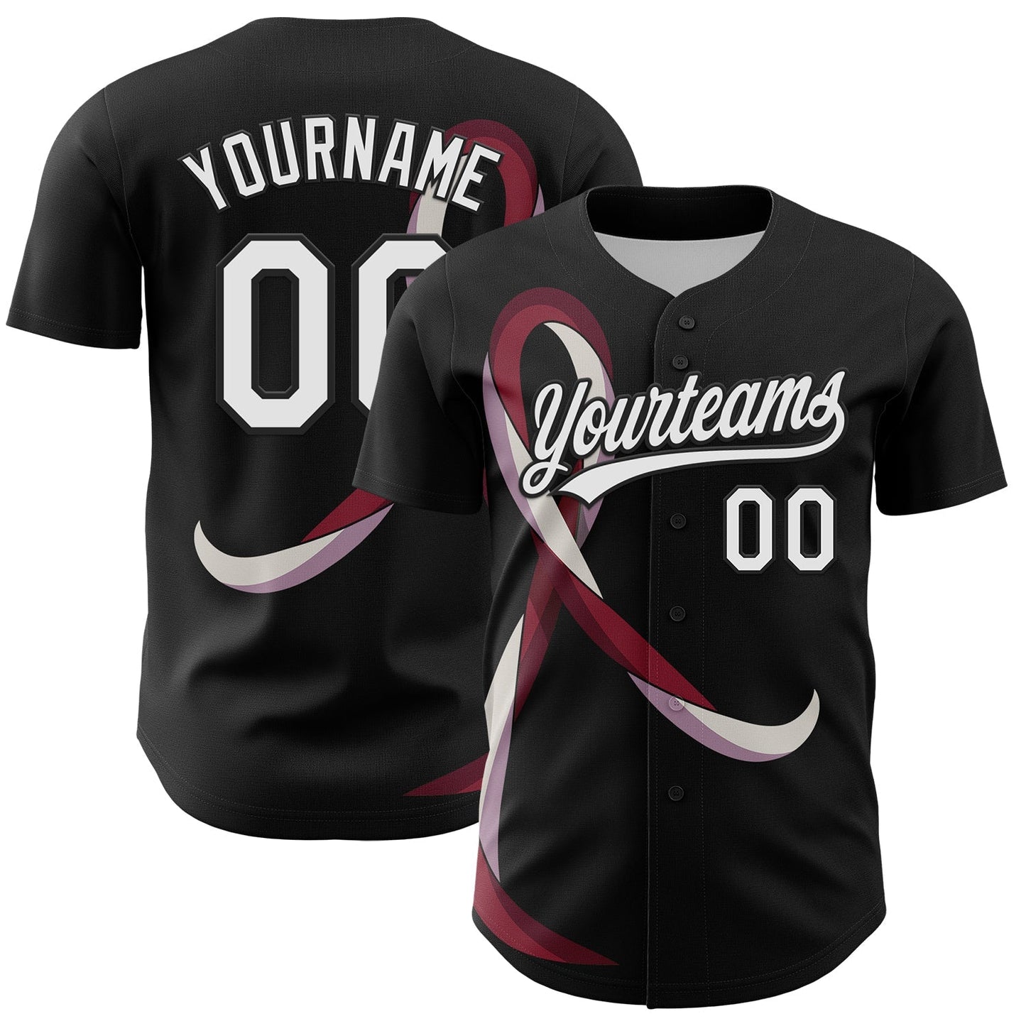 Custom Black White-Burgund 3D Head And Neck Cancer Ribbon Authentic Baseball Jersey baseball jersey product view 1