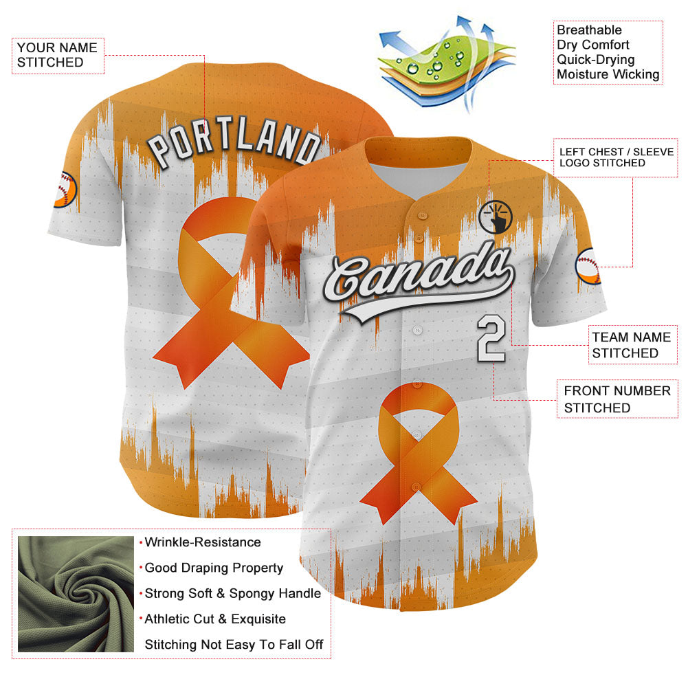 Custom White Orange-Black 3D Kidney Cancer Ribbon Authentic Baseball Jersey baseball jersey product view 3