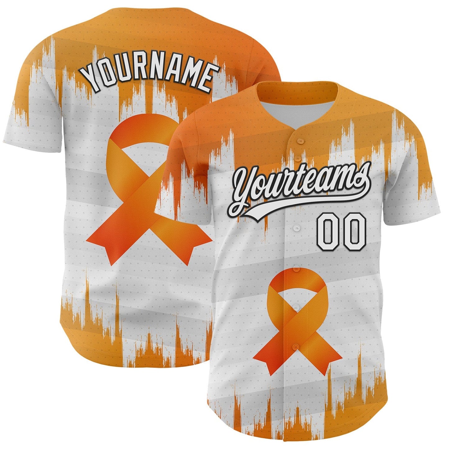 Custom White Orange-Black 3D Kidney Cancer Ribbon Authentic Baseball Jersey baseball jersey product view 1