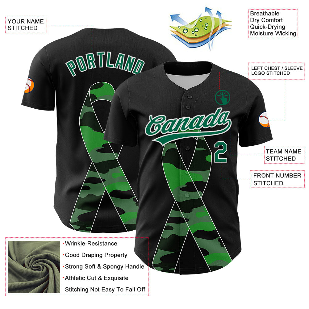 Custom Black Kelly Green-White 3D Liver Cancer Ribbon Authentic Baseball Jersey baseball jersey product view 3