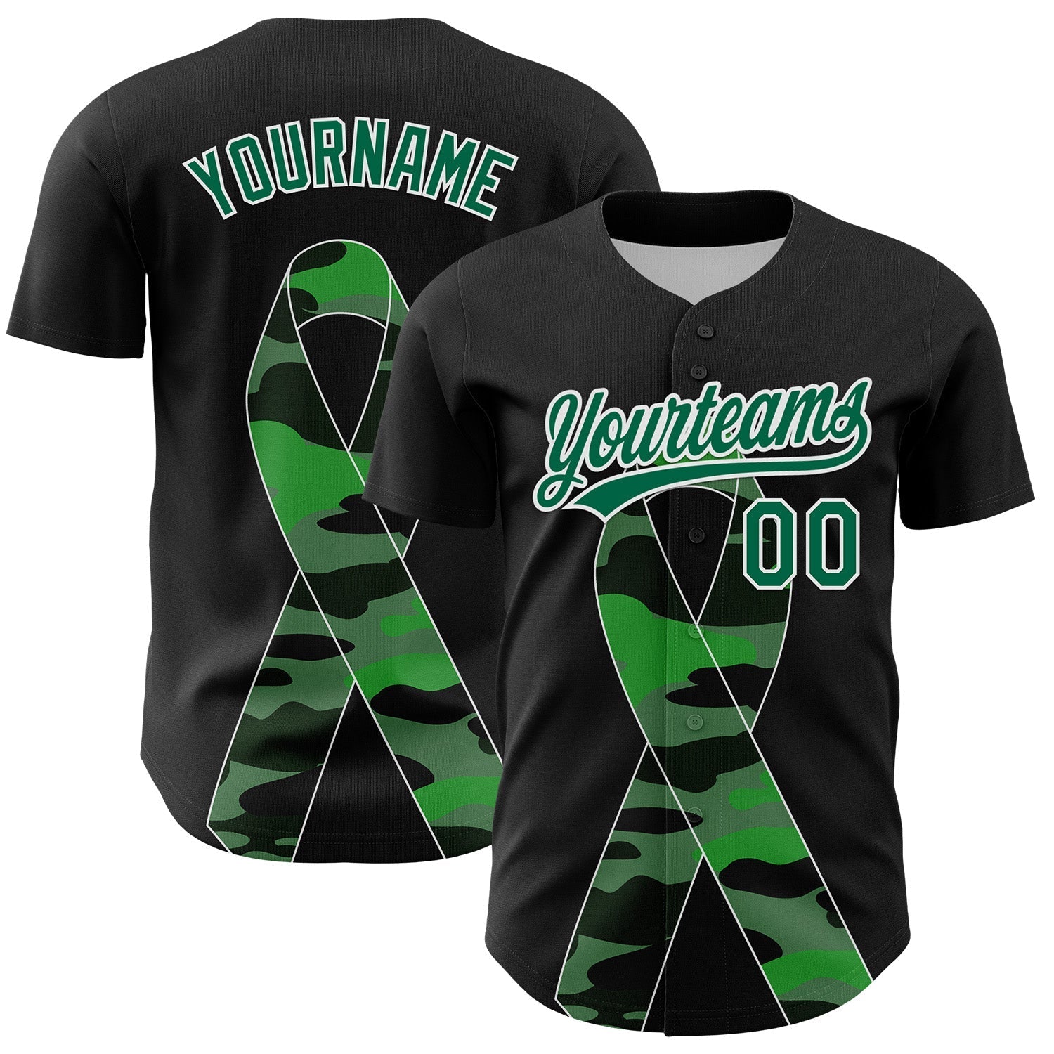 Custom Black Kelly Green-White 3D Liver Cancer Ribbon Authentic Baseball Jersey baseball jersey product view 1