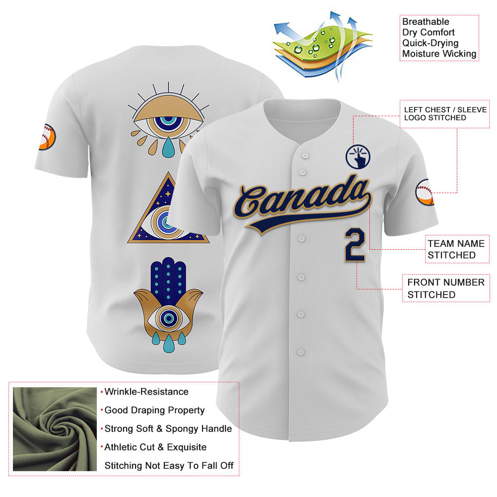 Custom White Navy-Old Gold 3D Pattern Design Evil Eyes Authentic Baseball Jersey baseball jersey product view 3