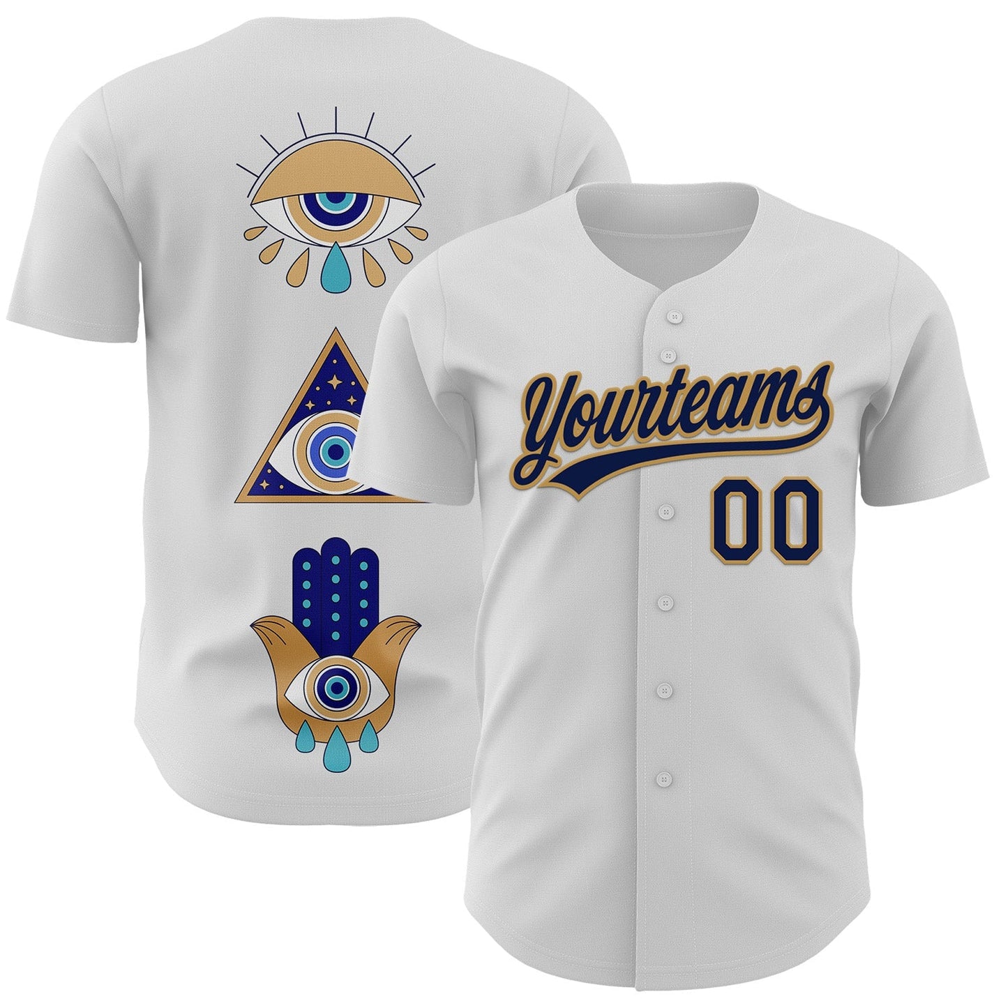 Custom White Navy-Old Gold 3D Pattern Design Evil Eyes Authentic Baseball Jersey baseball jersey product view 1