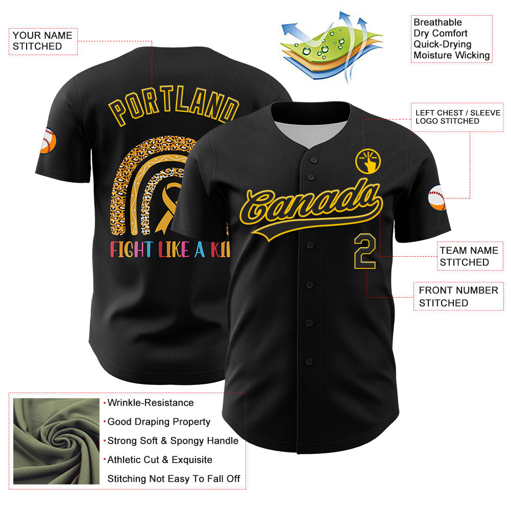 Custom Black Yellow 3D Childhood Cancer Gold Ribbon Authentic Baseball Jersey baseball jersey product view 3