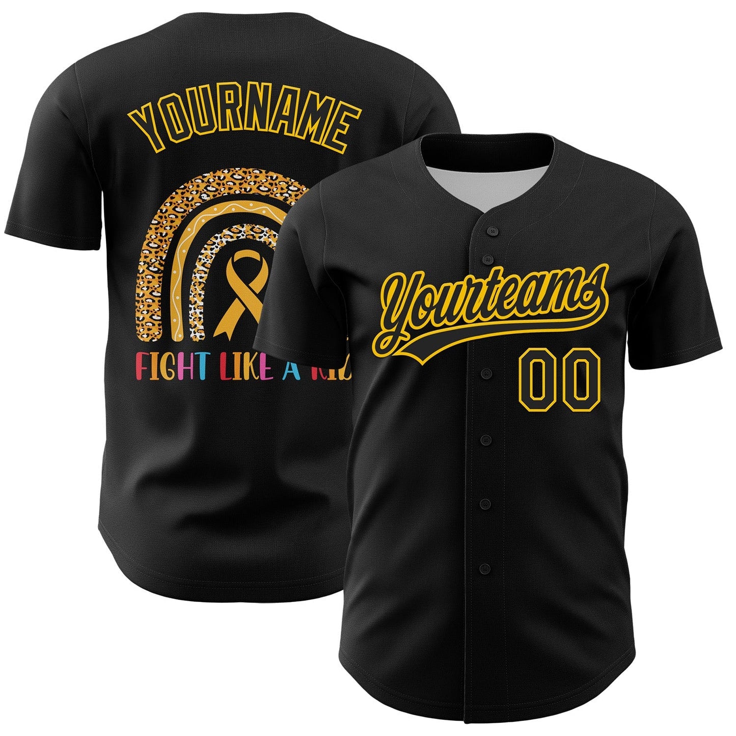 Custom Black Yellow 3D Childhood Cancer Gold Ribbon Authentic Baseball Jersey baseball jersey product view 1