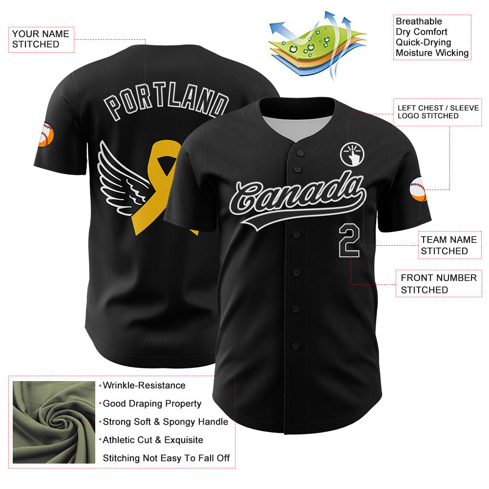 Custom Black White-Yellow 3D Childhood Cancer Gold Ribbon Authentic Baseball Jersey baseball jersey product view 3