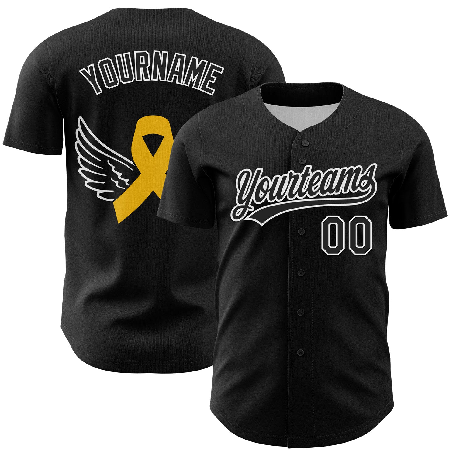 Custom Black White-Yellow 3D Childhood Cancer Gold Ribbon Authentic Baseball Jersey baseball jersey product view 1