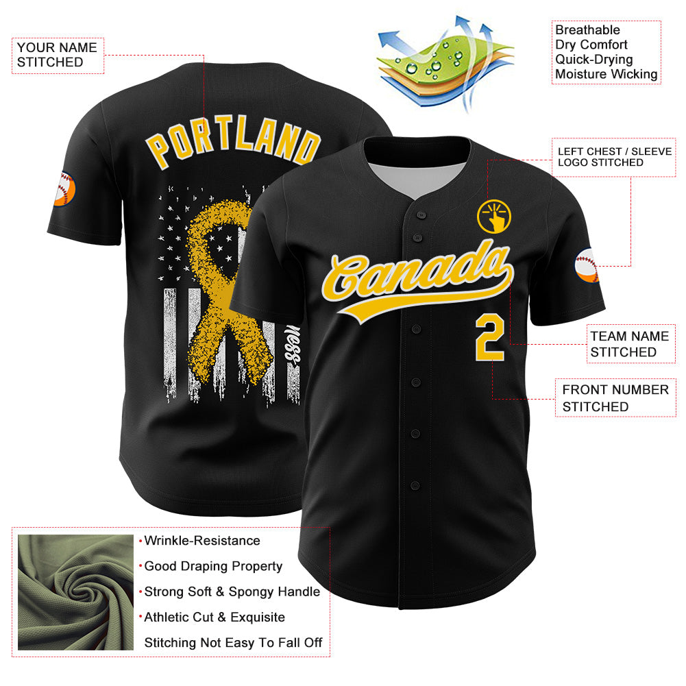 Custom Black Yellow-White 3D Childhood Cancer Gold Ribbon American Flag Authentic Baseball Jersey baseball jersey product view 3